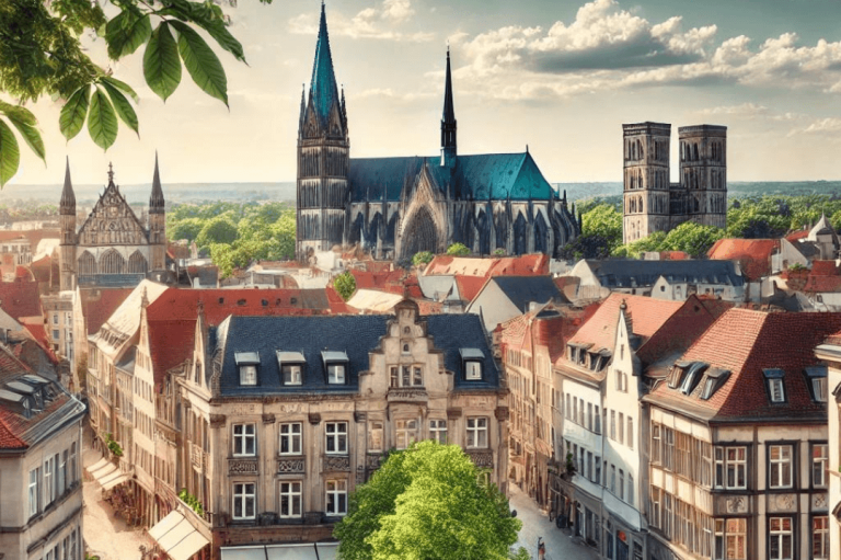 Ein fotografischer Blick auf die historische Altstadt von Braunschweig, Deutschland, mit detaillierten architektonischen Elementen der Gebäude, Kopfsteinpflasterstraßen und üppigem Grün. Im Hintergrund sind der Braunschweiger Dom und die Burg Dankwarderode zu sehen. Menschen genießen die lebendige Atmosphäre der Altstadt bei sonnigem Wetter