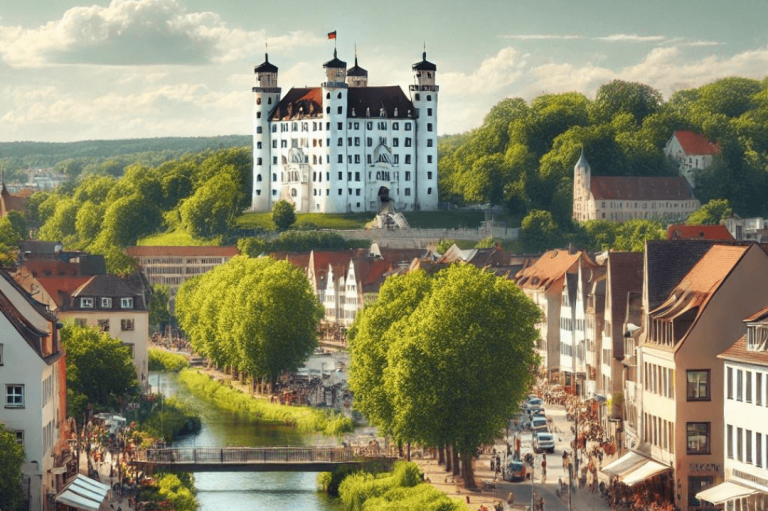 Ein fotografischer Blick auf die Stadt Wolfsburg, Deutschland, mit dem Mittellandkanal, üppigem Grün und dem historischen Wolfsburger Schloss im Hintergrund. Die Straßen sind belebt mit Menschen, die die lebendige Atmosphäre der Stadt bei sonnigem Wetter genießen.