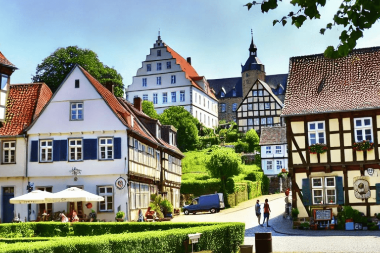 Ein malerischer Blick auf die historische Altstadt von Celle, Deutschland, mit Fachwerkhäusern, Kopfsteinpflasterstraßen und üppigem Grün. Im Hintergrund ist das ikonische Schloss Celle mit seiner weißen Fassade zu sehen. Menschen spazieren und genießen die charmante Atmosphäre der Altstadt bei sonnigem Wetter